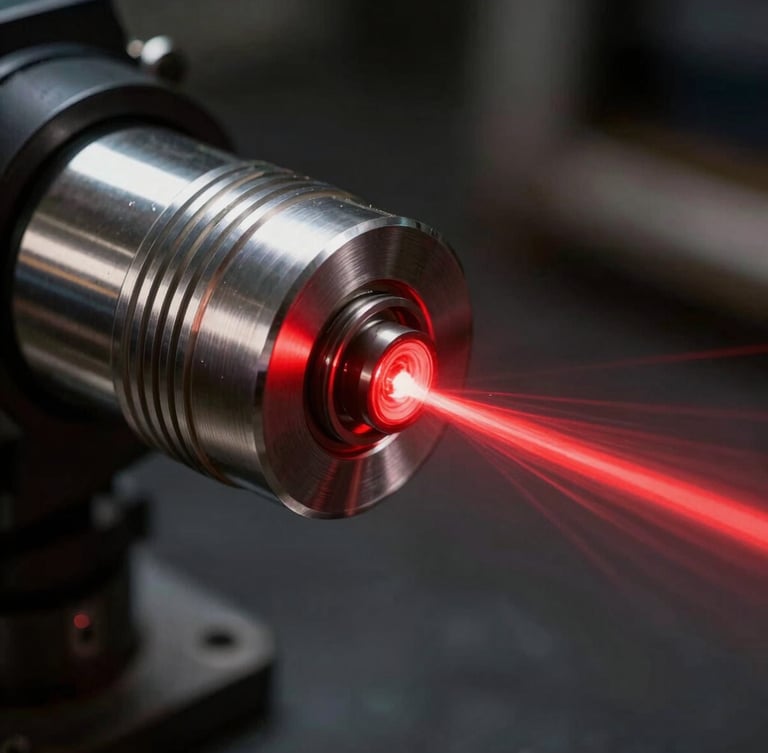 Extreme close-up on a metallic laser sensor emitting a sharp red beam, high contrast directional lighting reflecting off milled steel, dark industrial background.