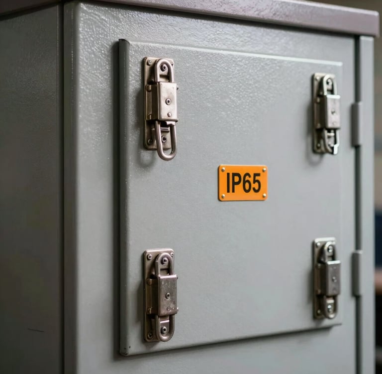 High-contrast close-up of a rugged IP65 steel control cabinet door with heavy-duty latches and safety orange seals.