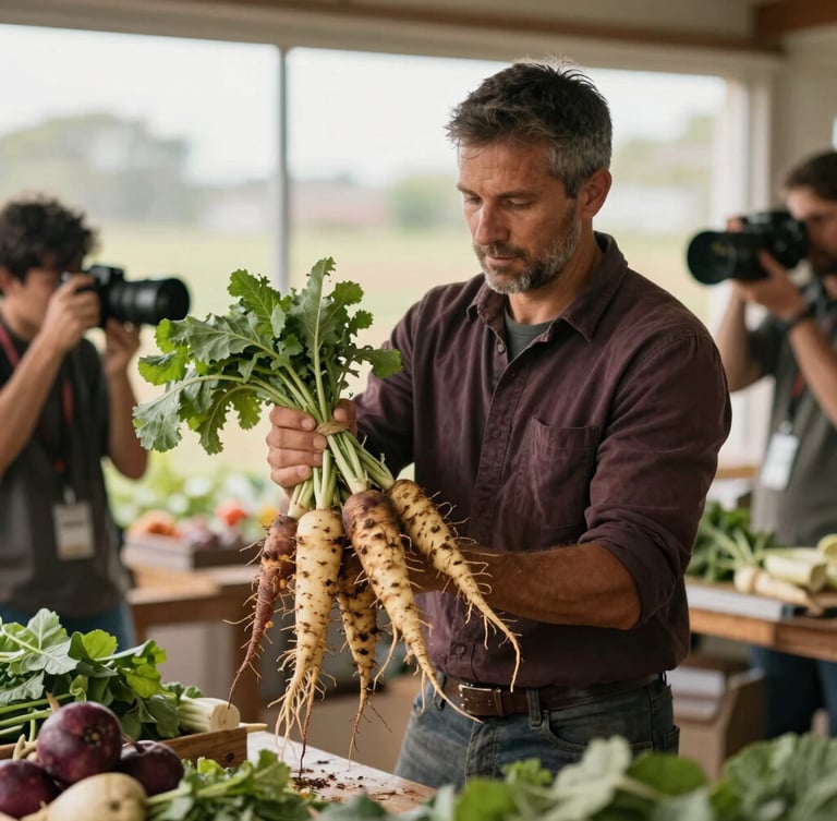 Medium-wide environmental shot of an agency photographer capturing a local farmer holding freshly harvested root vegetables, soft overcast window light.