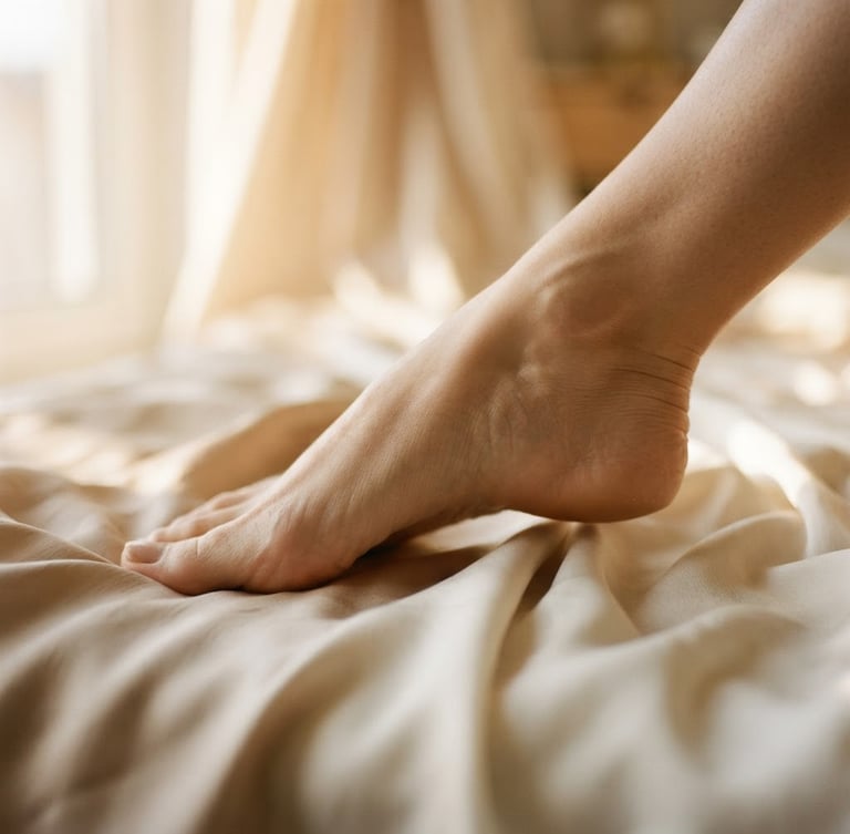 Close-up macro shot of an elegant foot arch resting on soft silk fabric, warm diffused golden hour window light, clean beige background, 35mm photography