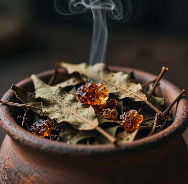 Macro shot of dried botanical leaves and crushed amber resins in a rustic clay vessel, rising thin smoke trail, moody side light, 35mm film