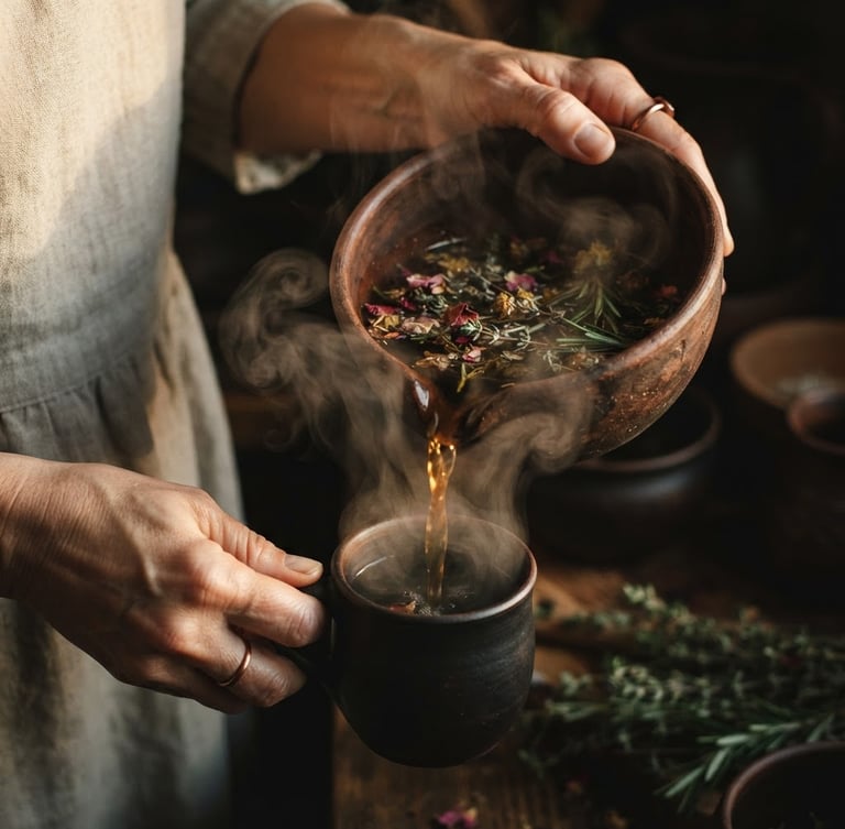 Intimate close-up of hands pouring botanically infused water from a rustic clay bowl, soft golden hour side lighting, rising steam, dark background, 35mm film