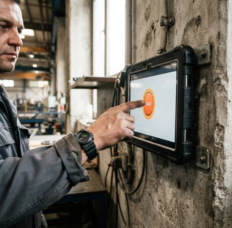 Close-up of a shift worker's hand tapping a large orange button on a tablet screen mounted to a concrete wall, bright natural daylight, high contrast, realistic workplace.