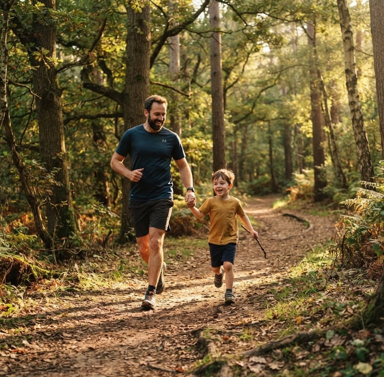 Wide environmental shot of a father and son running together on a sunlit forest trail, warm golden-hour light filtering through trees, rich earthy tones, 35mm film look.