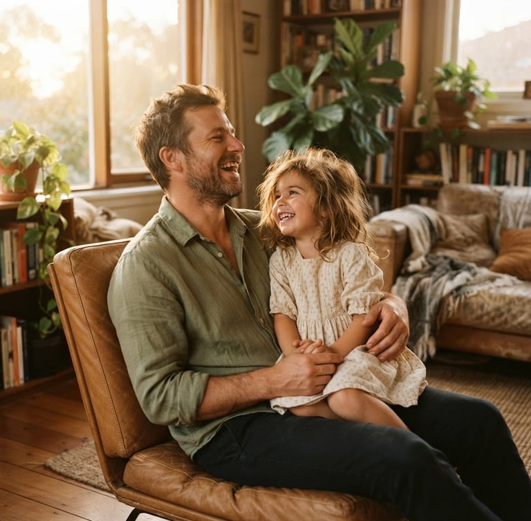 Warm editorial photography of a father and young daughter sharing a quiet laugh in a sunlit living room, golden hour light, 35mm film look