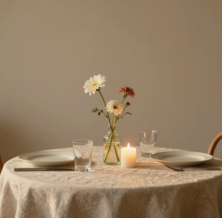 Cinematic portrait of a beautifully styled linen table setting with single-stem flowers and soft candlelight, captured in warm golden hour light, clean minimalist composition.