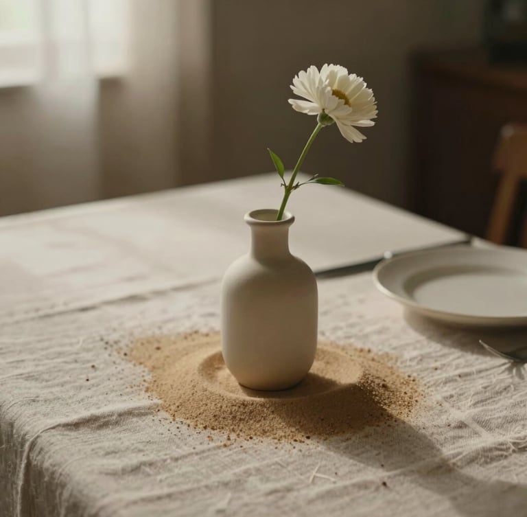 Soft diffused natural light, close-up of a curated table setting with linen tablecloth, a single-stem flower in a delicate vase, warm sand tones, cinematic framing.