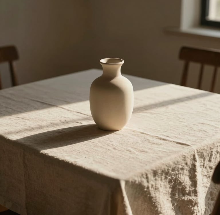 Cinematic portrait shot of a minimal wedding table setup, warm afternoon sun casting long shadows, linen tablecloth, single-stem ceramic vase, soft neutral tones.