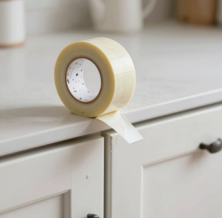 Macro shot of painter tape peeling back to reveal a razor-sharp paint line on custom kitchen cabinets, bright natural daylight, clean workspace