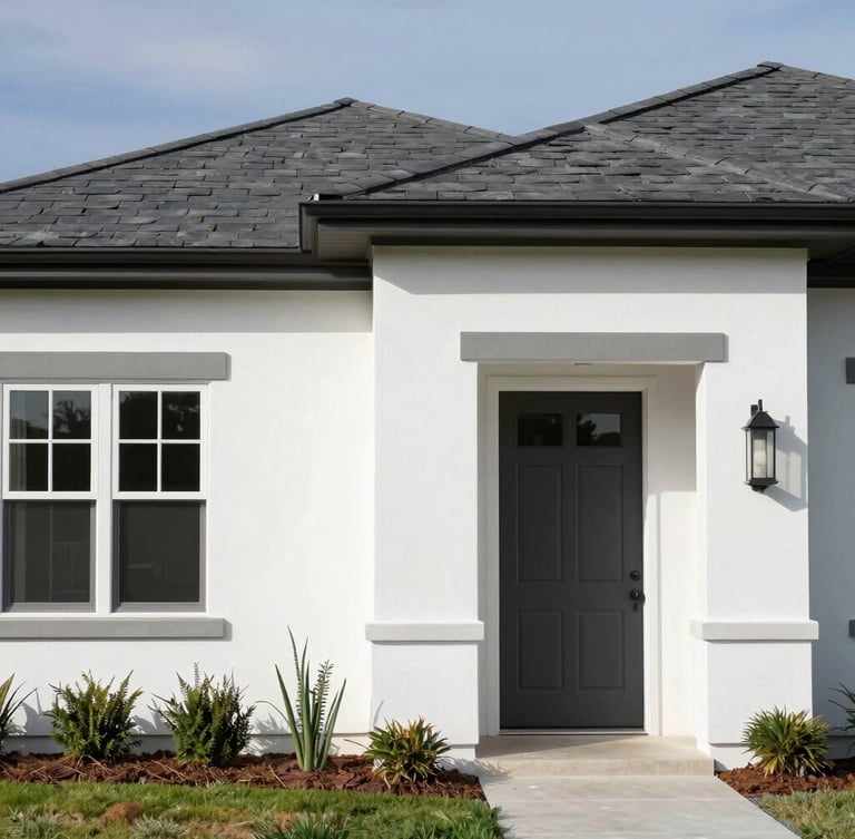 Straight-on architectural shot of a freshly painted modern home exterior, crisp white stucco contrasting with dark slate trim, bright Texas sunlight, neat landscaping
