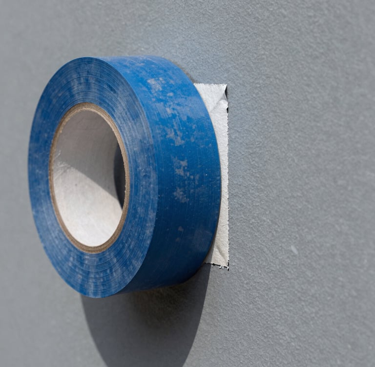 Macro shot of sharp blue painter tape being peeled back to reveal a razor-sharp, crisp paint line on a slate gray wall, bright natural daylight.