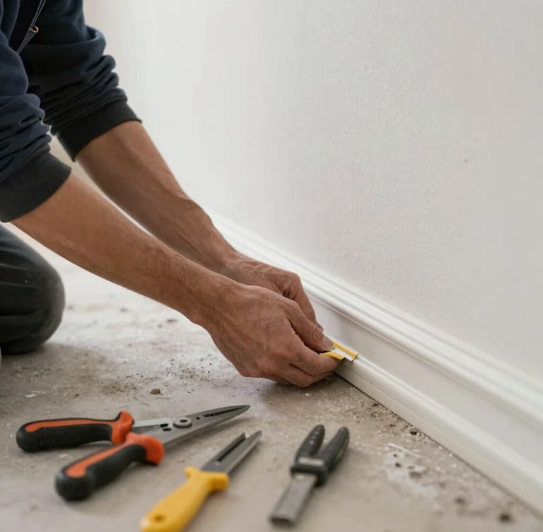 Straight-on architectural shot of a dust-conscious technician installing baseboard trim, crisp lines, organized tools, natural daylight.