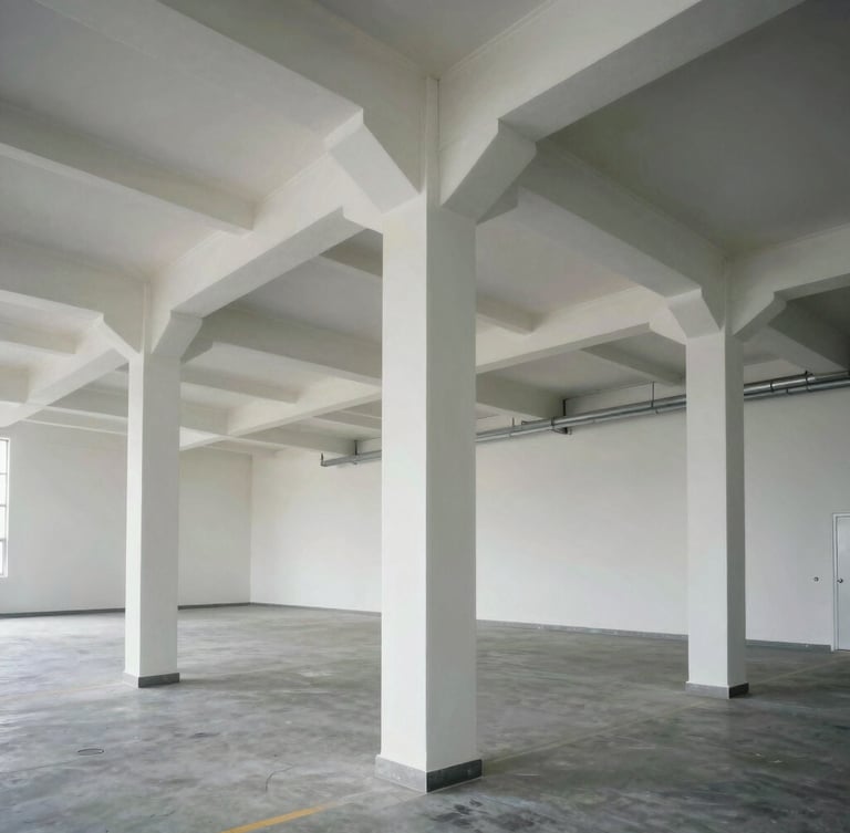 Straight-on architectural shot of a clean commercial facility interior, high-key lighting, razor-sharp paint lines on structural steel columns.