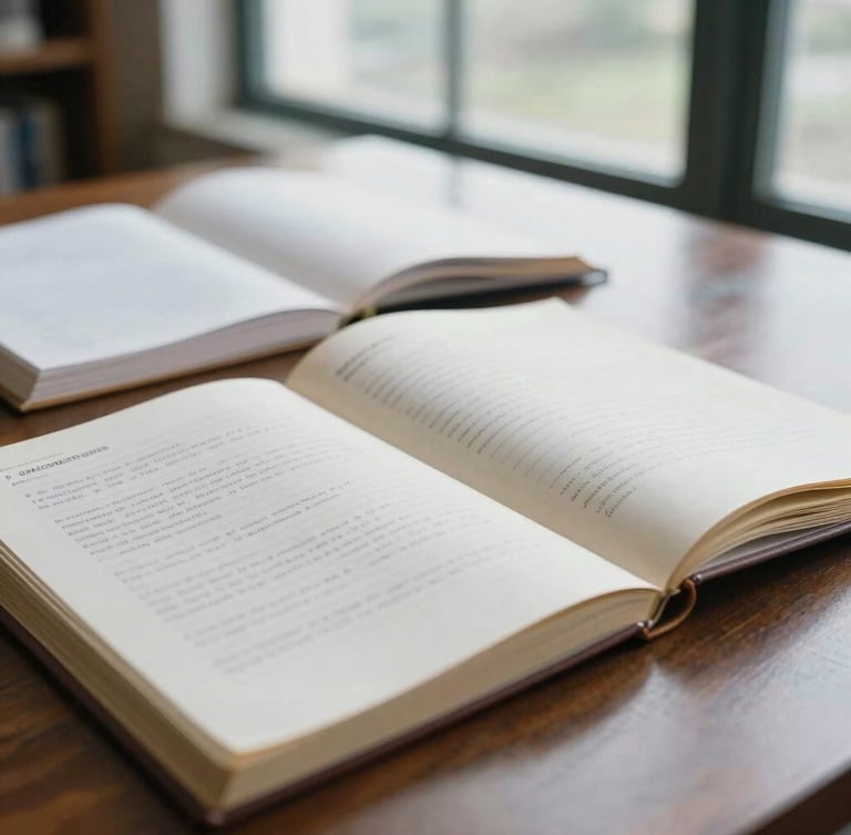 A close-up editorial photograph of open archival papers and qualitative field notes on a dark oak table, soft overcast daylight from a library window, shallow depth of field, 35mm film grain.