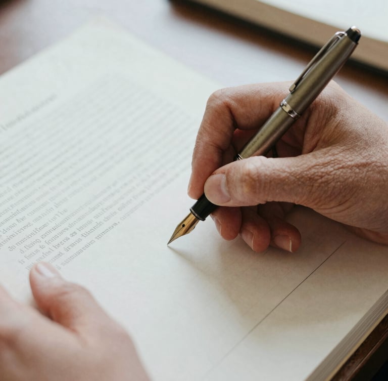 Close-up of hands holding a vintage fountain pen, writing notes in the margin of an archival research document, soft overcast daylight, shallow depth of field.