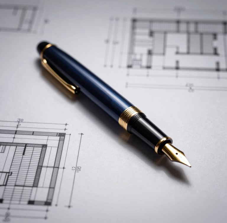 A sharp macro portrait of a luxury fountain pen resting on structured architectural blueprint paper, crisp side-lighting, deep navy shadows, gold accents