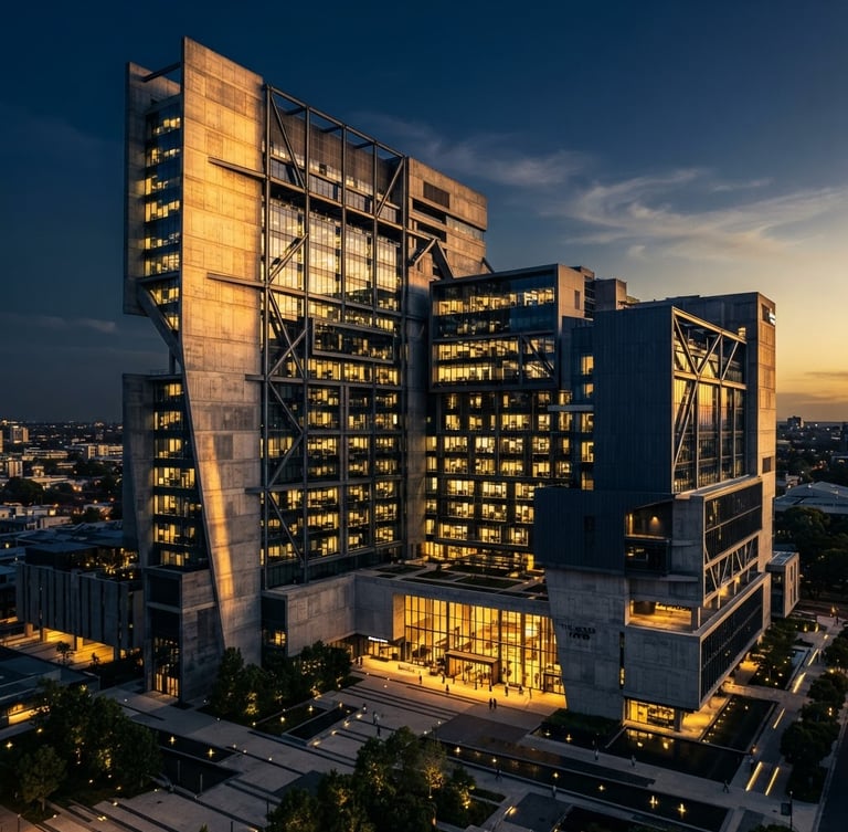 Wide architectural angle of a modern concrete and steel corporate headquarters, dramatic side-lighting, deep navy shadows, sharp focus, 35mm