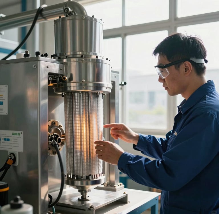 An industrial engineer wearing safety gear inspecting filtration equipment on-site, natural factory window light, high contrast, sharp metallic details, cool steel tones.
