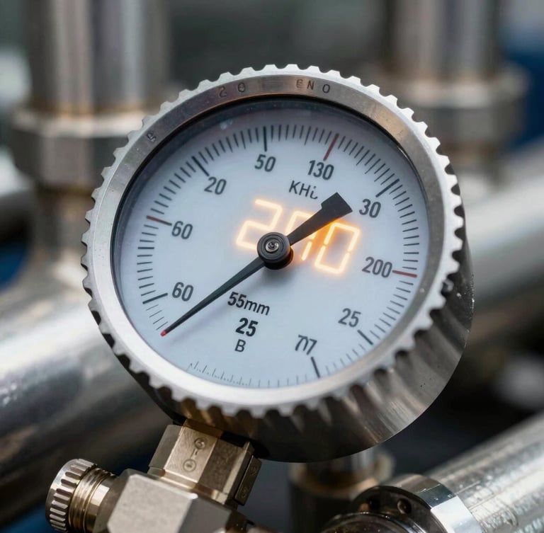 Macro shot of a high-precision digital pressure gauge with sharp metallic details, glowing amber LED display, industrial steel pipes background, crisp 50mm lens