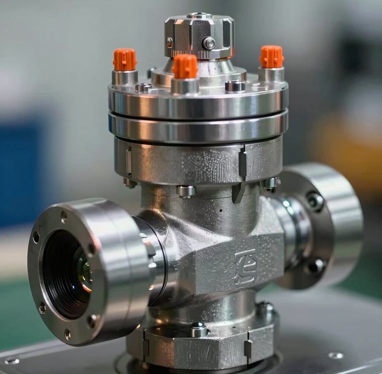 Macro shot of a heavy-duty industrial pneumatic actuator mounted on a stainless steel valve, metallic reflections, safety orange accents, cool steel tones, 50mm lens.