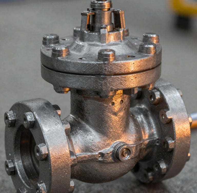 Macro shot of a heavy industrial steel control valve, sharp metallic details, high contrast, cool steel tones with warm amber highlights, 50mm lens