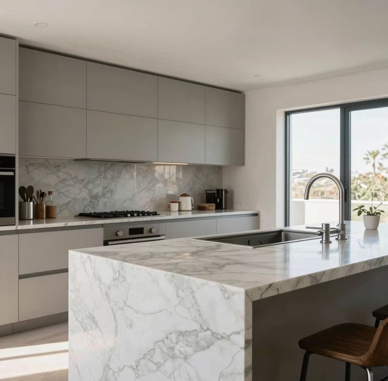Wide-angle architectural crop of a high-end modern kitchen with polished marble countertops and immaculate clean lines, bright daylight.