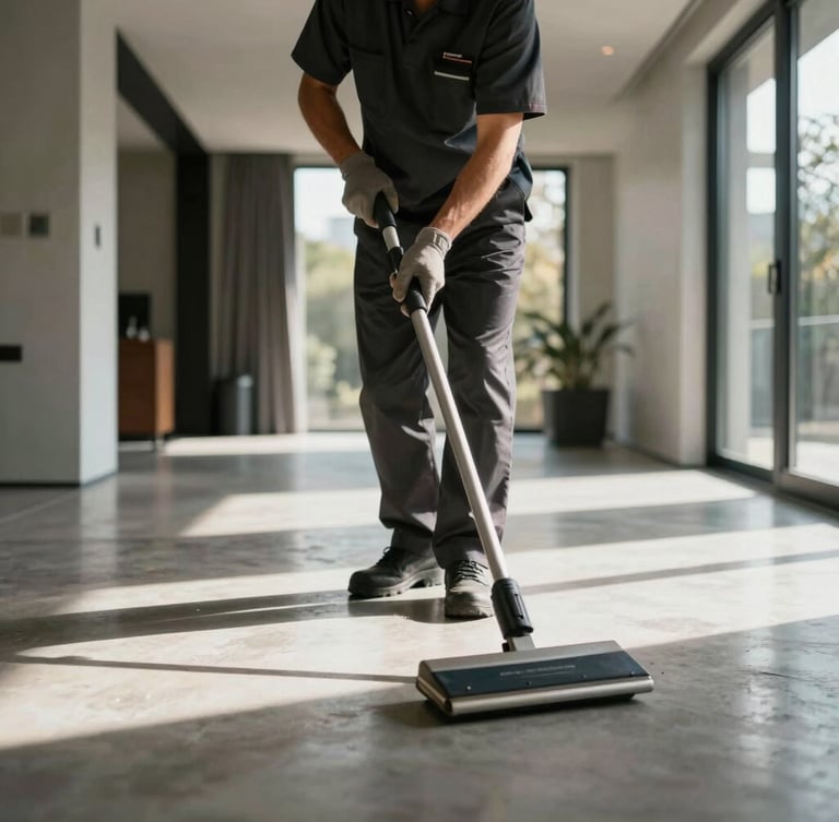 Vertical architectural crop of a modern high-end residence interior, natural light streaming onto polished concrete floors, a professional cleaner in a dark charcoal uniform working meticulously in the background.