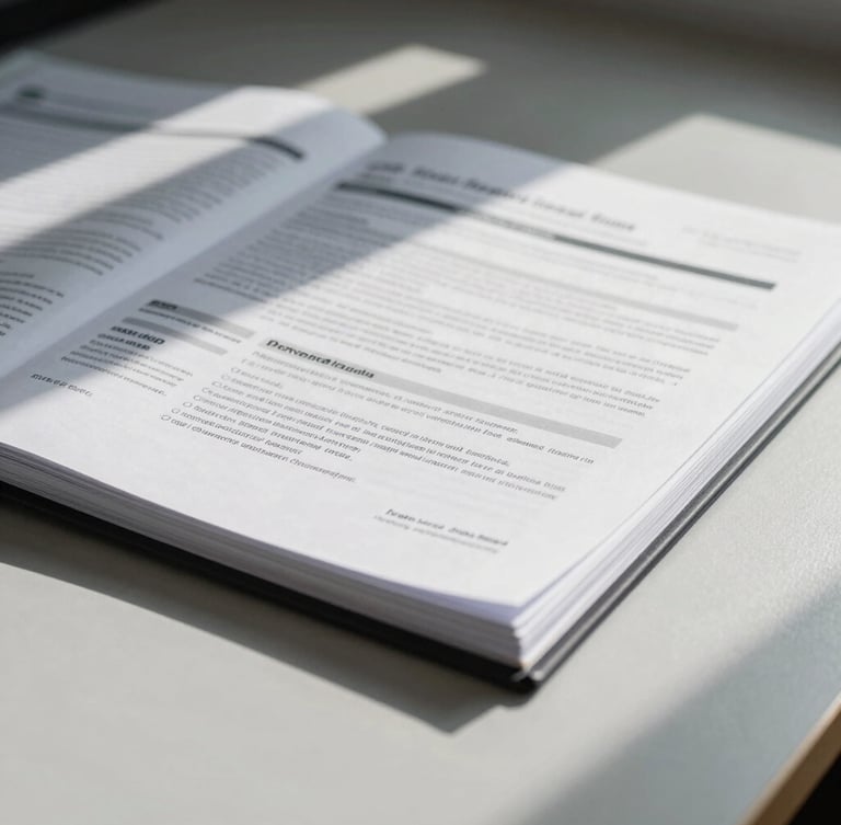 Macro shot of organized technical dossiers and regulatory compliance documents on a clean slate-gray desk, sterile daylight, architectural shadows.