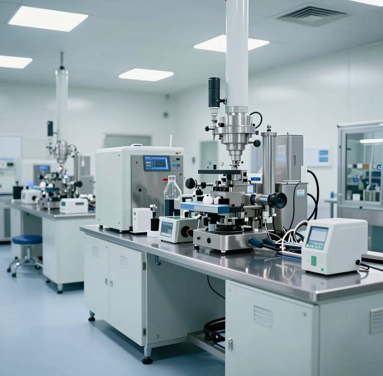 Wide environmental shot of a compliant sterile pharmaceutical manufacturing line in Mexico, bright cool daylight, pristine modern equipment.