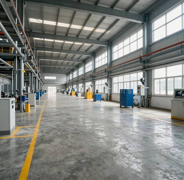Wide-angle shot of a highly organized, modern industrial facility floor, clean concrete, clear safety pathways marked in yellow, bright daylight from high windows.