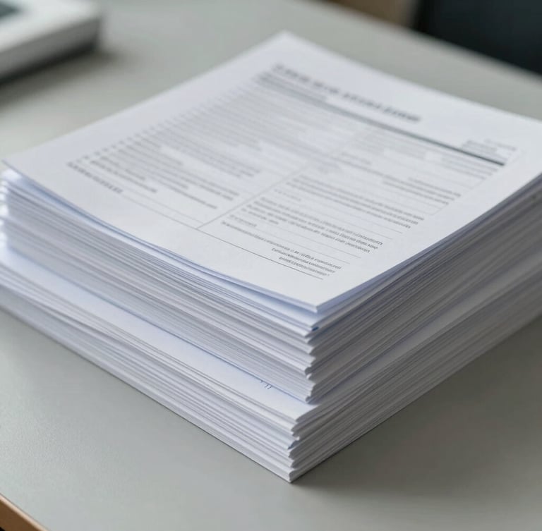 Macro shot of organized technical dossiers and regulatory documents stacked precisely on a clean slate gray desk, bright sterile daylight, cool tones.