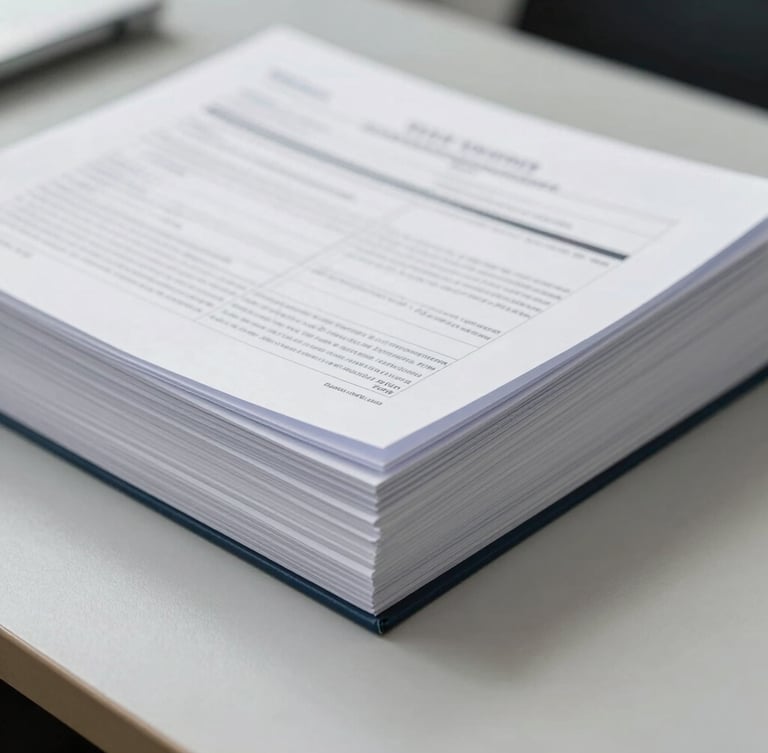 Macro shot of organized technical dossiers and regulatory documents on a clean slate gray desk, bright sterile daylight, sharp focus on paper edges.