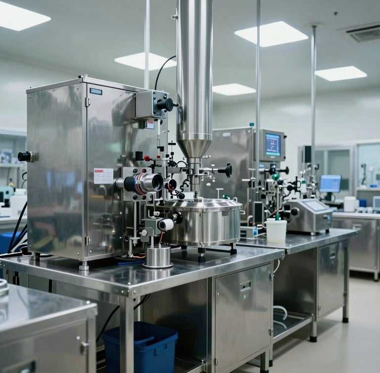 Wide environmental shot of a sterile pharmaceutical manufacturing line, stainless steel equipment, cool daylight, absolute precision.