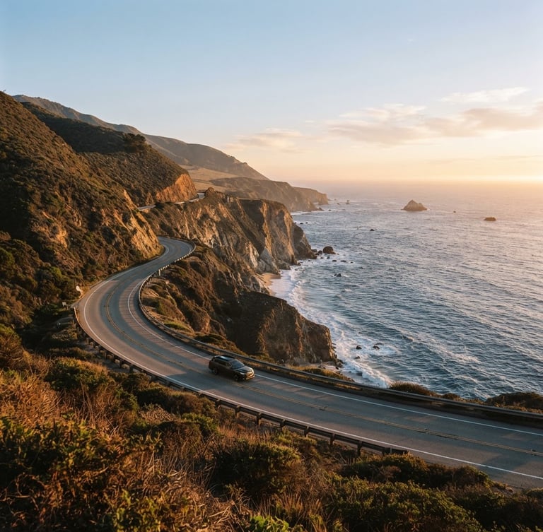 Wide panoramic view of a coastal highway winding along cliffs at golden hour, a lone vehicle traveling south, soft sky blue horizon, cinematic tones