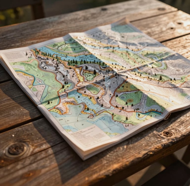 An intimate close-up of a weathered topographic map of Yosemite National Park resting on a rustic wooden table, soft morning sunlight casting long shadows.