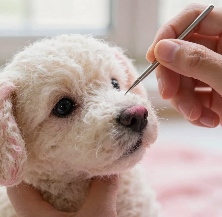 Macro shot of hands carefully using a single felting needle to sculpt the fine pink nose of a wool dog portrait, wool fibers clearly visible, soft focus