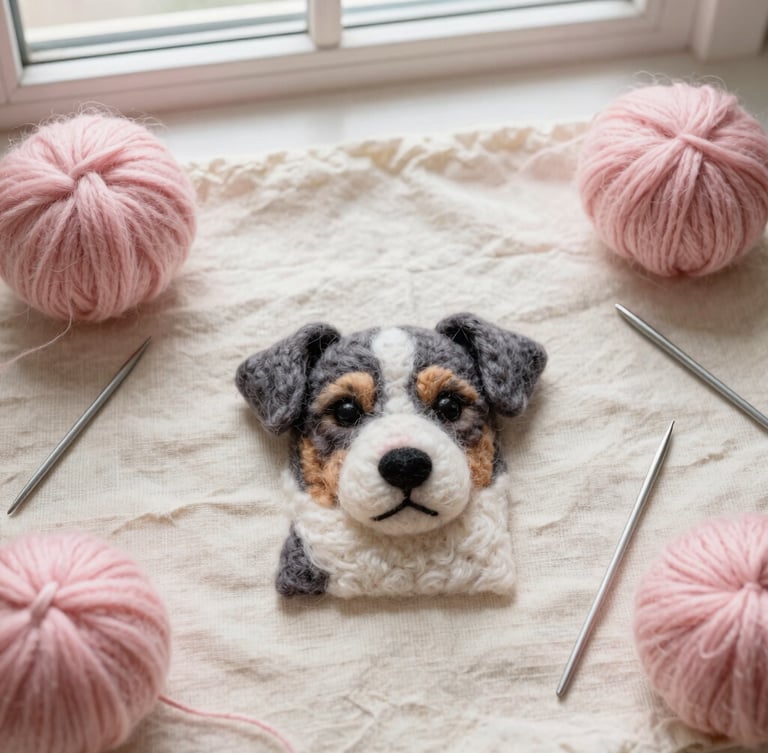 Overhead flat lay of a clean creative workspace, pink merino wool, felting needles, and a half-finished felted pet portrait on a cream linen cloth, soft morning window light