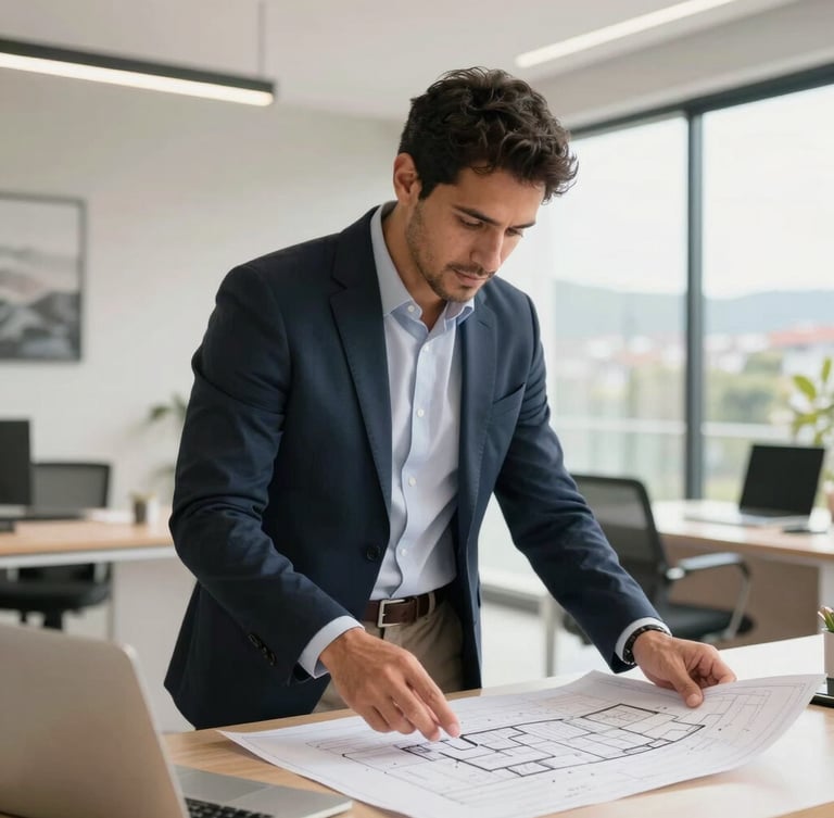 Portrait of professional real estate broker Andrés Vaca reviewing architectural plans in a bright modern office in Ambato, natural daylight, warm real estate editorial style