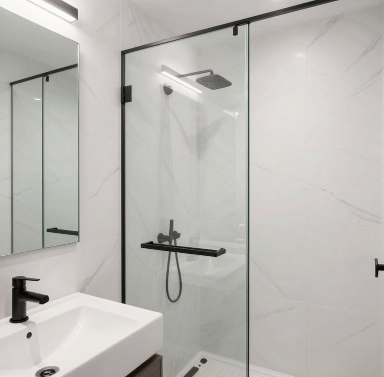 Minimalist modern bathroom with sleek black fixtures, white marble tiles, frameless glass shower, soft natural light