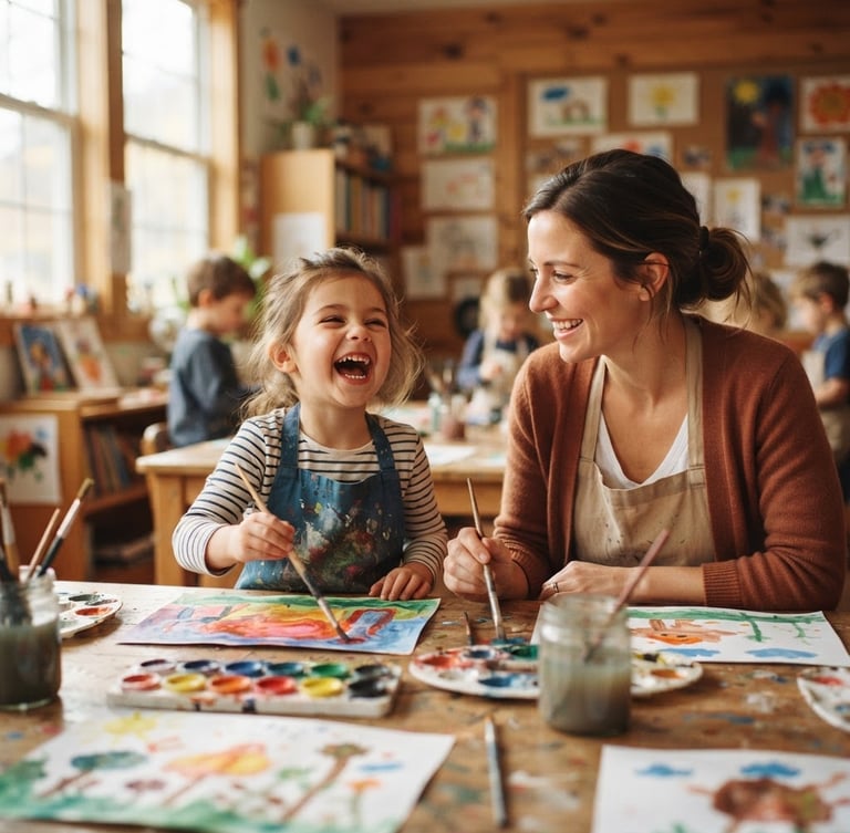 Warm editorial photography, a child laughing while painting with a teacher in a sunlit classroom, soft focus, natural light, eye-level framing