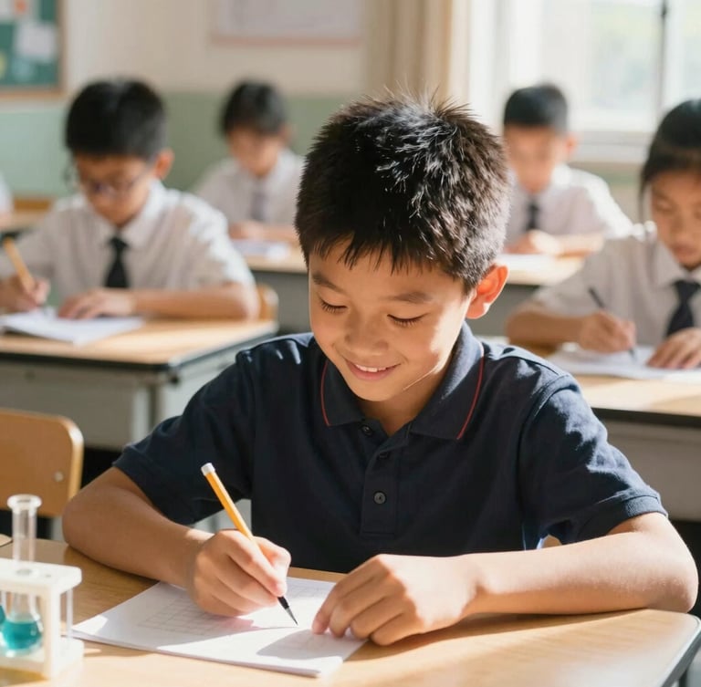 An elementary student smiling while working on a science project in a sunlit classroom, warm natural daylight, candid moment