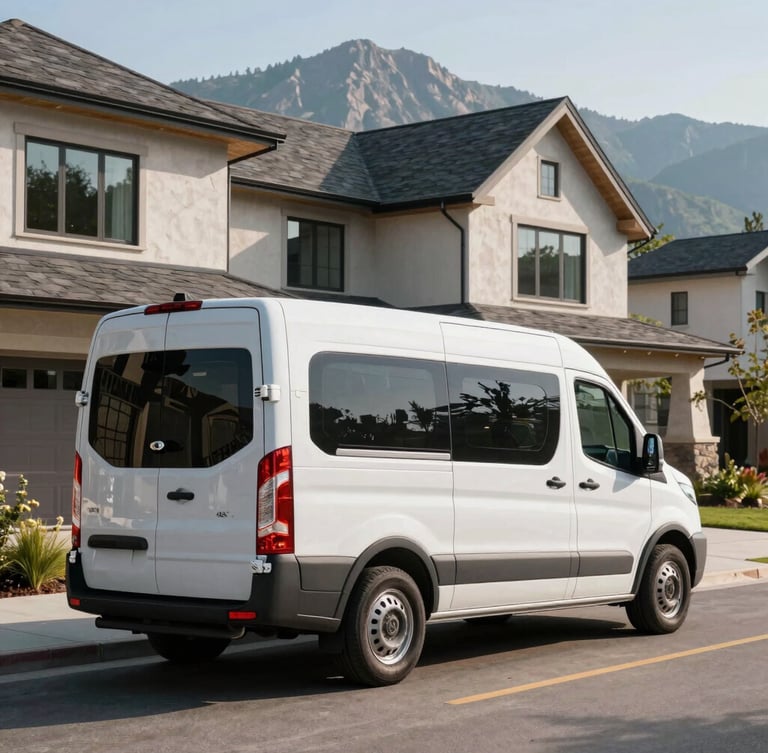 Pristine, organized service van parked in front of a modern Castle Pines custom home. Crisp morning mountain light, high-contrast natural daylight, sharp medium shot emphasizing engineering precision.