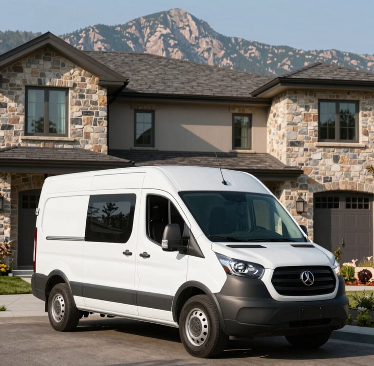 Pristine, organized white service van parked in front of a modern custom stone estate in Castle Pines, bright morning mountain light, sharp focus.
