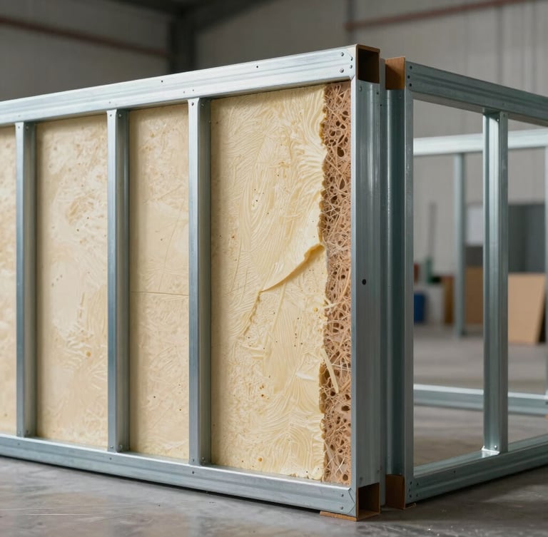 Detailed cross-section of a steel framing wall with high-density polyurethane isopanel core, clean technical-industrial presentation, studio lighting