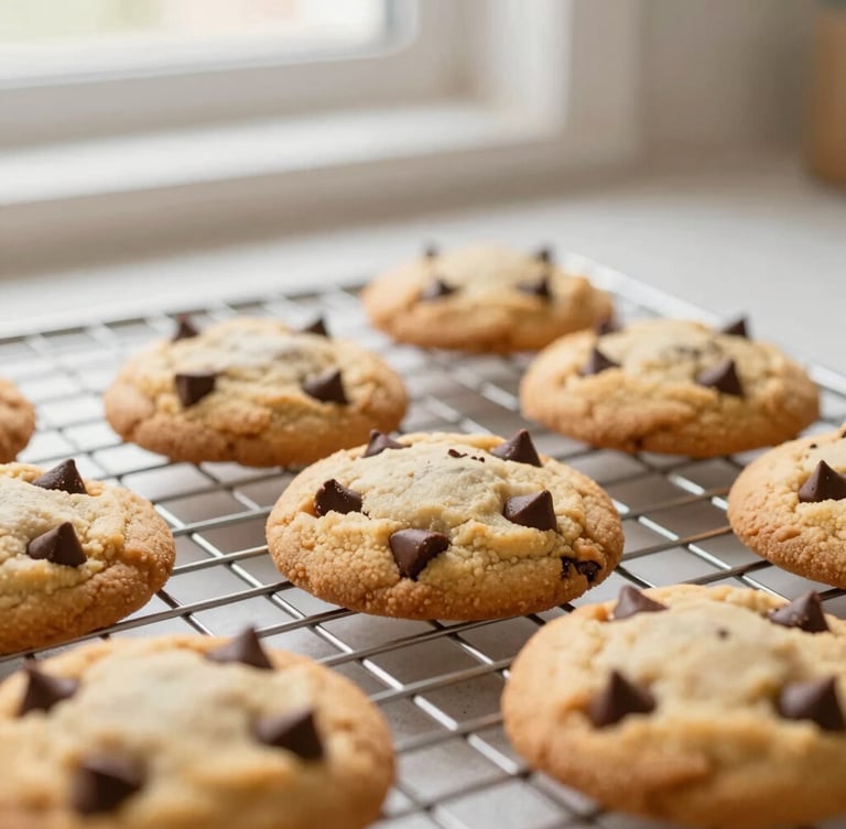 Close-up of freshly baked golden-brown chocolate chip cookies on a wire cooling rack in a warm kitchen with soft morning light.