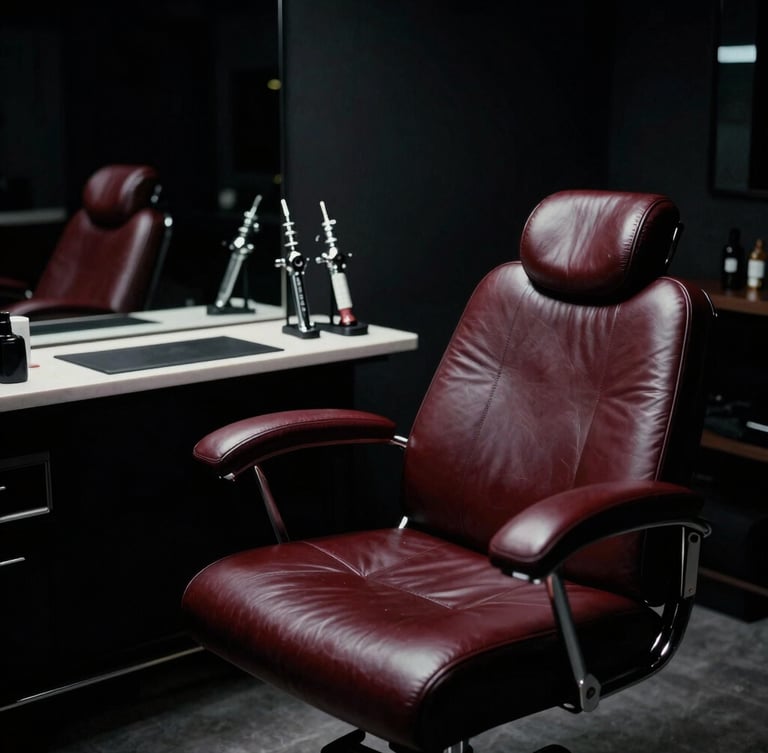 Atmospheric wide shot of a sleek dark tattoo studio interior, low-key directional lighting highlighting chrome instruments, deep burgundy leather chair, high contrast shadows, moody editorial photography.