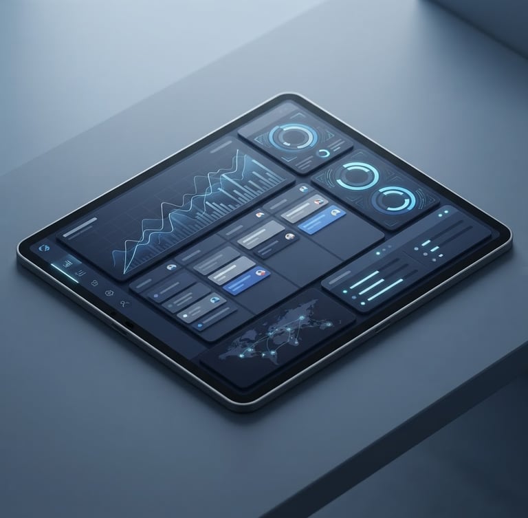 Sleek 3D render of a modern modular software dashboard interface on a tablet, isometric perspective, cool diffused studio light, deep navy and slate gray tones, clean geometry