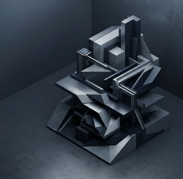 Sleek 3D render of an abstract architectural structure with clean geometric lines, high-angle isometric perspective, cool diffused studio lighting with deep navy and slate gray tones, negative space on the left
