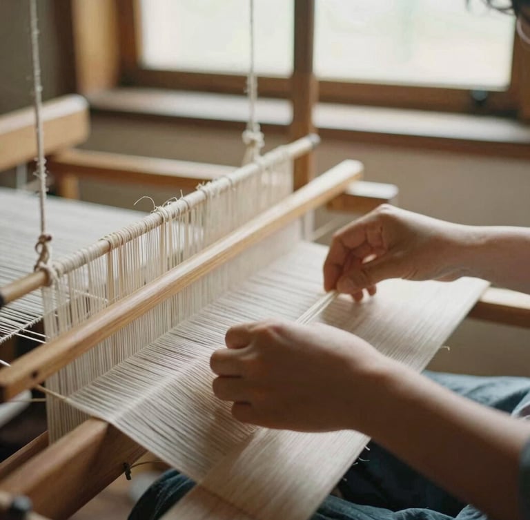 An artisan's hands gently guiding threads on a traditional wooden loom, warm diffused window light, shallow depth of field, tactile details of raw fibers