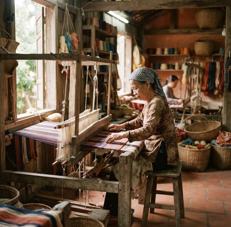Sun-drenched rustic weaving workshop in Hoi An, wooden looms, soft morning light filtering through windows, warm terracotta tones, 35mm film feel
